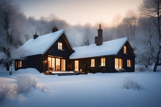  image of a small house exterior in a snowy winter landscape, with soft, warm light emanating from the windows. 