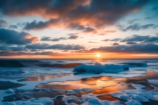 image of a winter sunset over a serene ocean, with the sun casting a warm, golden glow across the icy waters. 