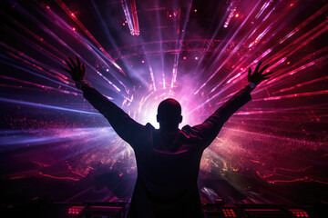 Fototapeta na wymiar DJ with Hands up in a Nightclub with Lasers