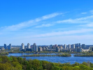 Fototapeta premium Ukraine Kyiv city urban skyline, left bank of Dnieper river.