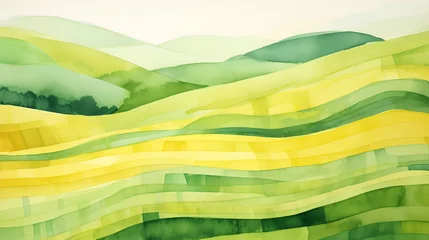 Poster Im Rahmen Abstract green landscape with hills and mountains. Watercolor organic green curved lines of field or meadow in summer. Wallpaper background illustration. © Tanuha