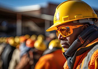 Fotobehang primer plano de un trabajador con casco y gafas de seguridad © Eduardo