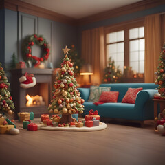 Interior of the living room with a Christmas tree. 3d rendering
