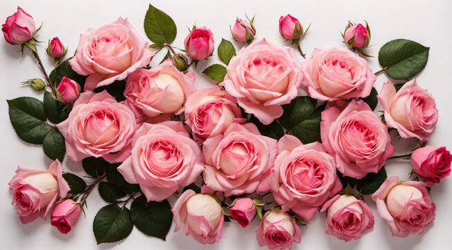 Collection of beautiful pink roses, flowers, buds and leaf, top view. Generative AI