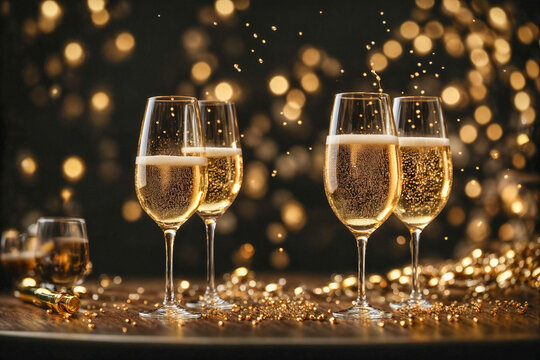 Glasses filled with bubbly champagne, celebrate, cheer. Merry New Year and Merry Christmas. Generative AI