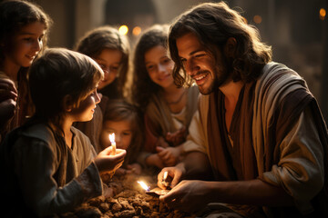 A family gathering around a nativity scene, portraying the birth of Jesus as a central theme of Las Posadas. Generative Ai.