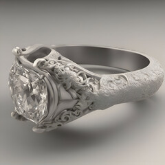 Jewelry ring with diamond on a gray background. 3D rendering
