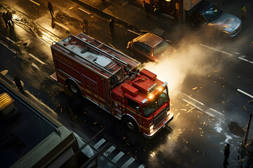 High angle view of an emergency firetruck parked on street - obrazy, fototapety, plakaty