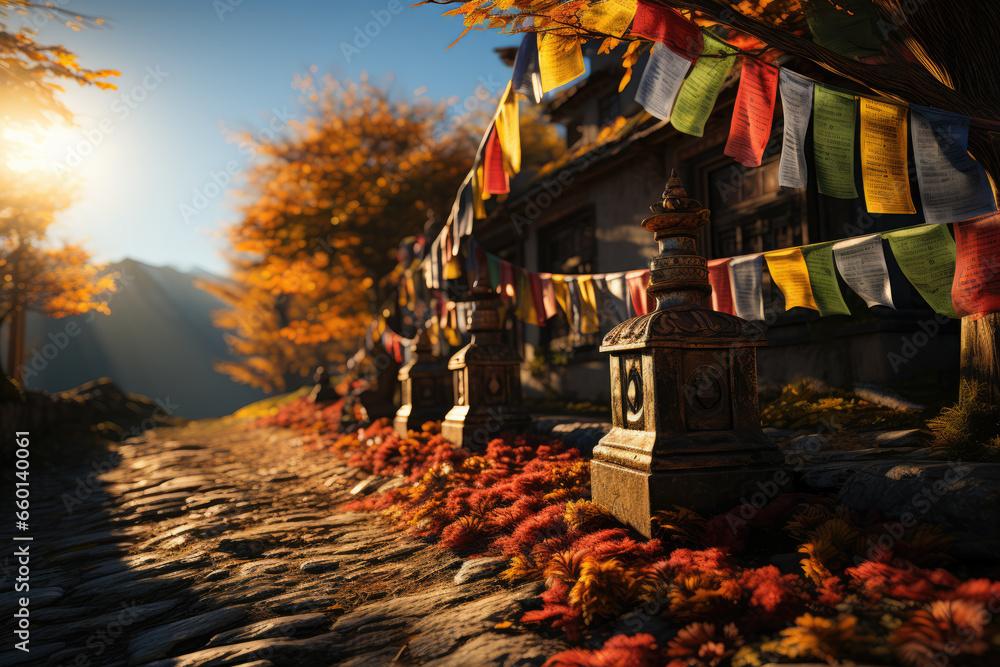 Poster a bodhi tree surrounded by colorful prayer flags, symbolizing the unity of buddhist communities worl