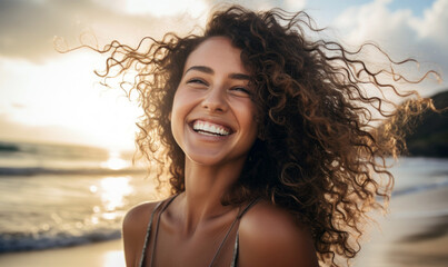 young woman smiling and laughing on sunny beach. smiling woman with curly hair on beach