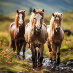 Obraz premium shaggy stocky Icelandic horses stand against a background of grassy hills and plains, animals, mane, pony, breed, north, Iceland, landscape, gait, wildlife, equine, bangs, sky, river