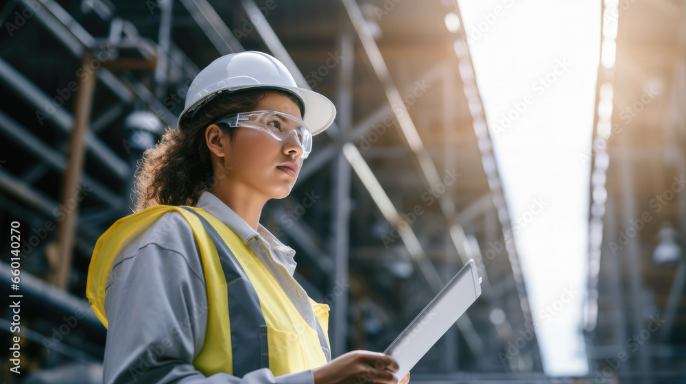 Poster female engineer checking work in factory with digital tablet.