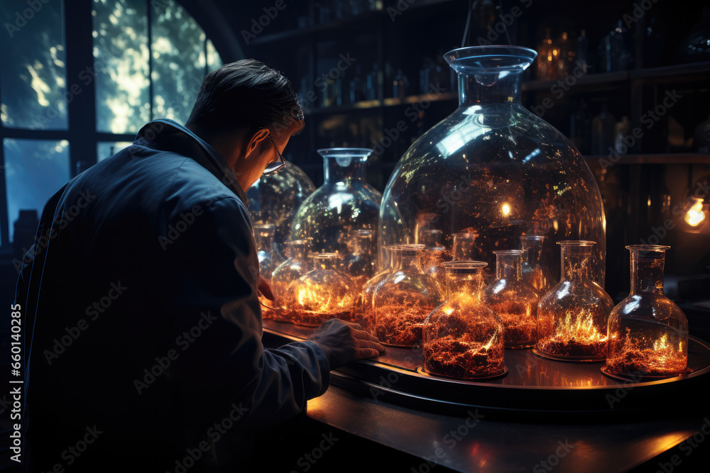 Poster a scientist conducting experiments in a simulated laboratory, exploring the concept of a simulated e