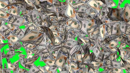 100 Dollar money transition. Many banknotes falling on chromakey background. Cash rain.  Green screen.