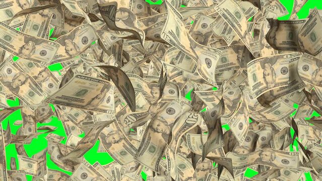 20 Dollar money transition. Many banknotes falling on chromakey background. Cash rain.  Green screen.