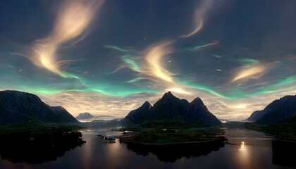 hdri sky map environment with symmetrical edge northern lights sky and fjord mountains  - obrazy, fototapety, plakaty
