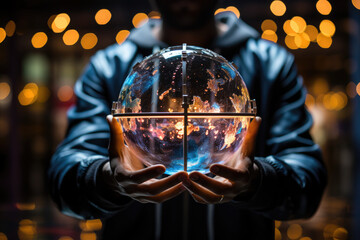 A person holding a virtual reality globe, symbolizing the exploration of alternative realities. Generative Ai.