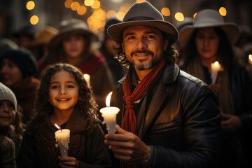 A Las Posadas procession leader holding a candle and guiding participants through the neighborhood....