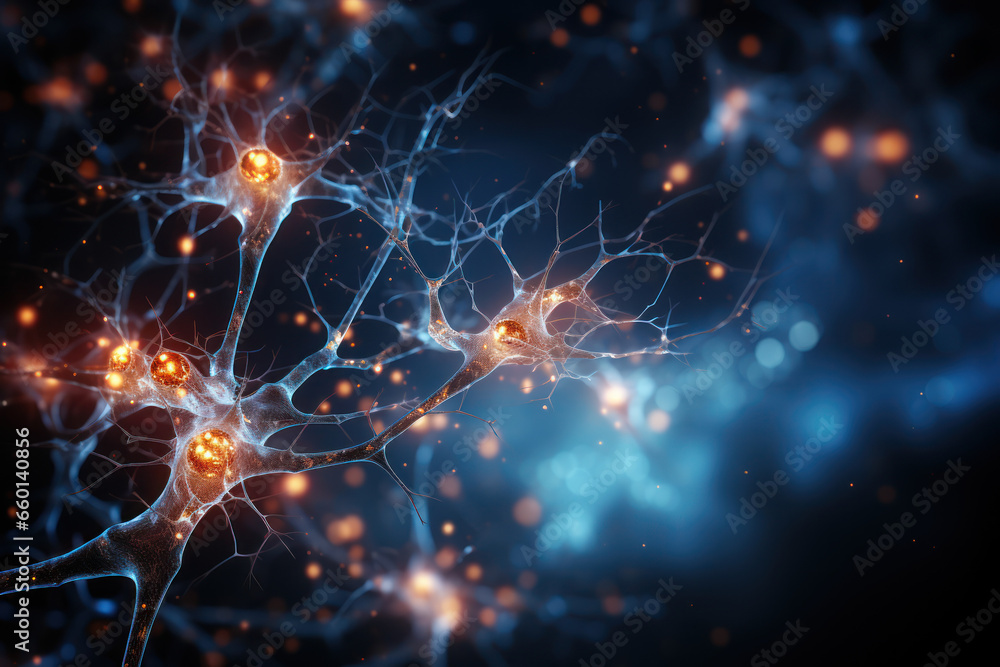 Poster a close-up of a neuron firing in the brain, symbolizing the intricacies of the nervous system. conce