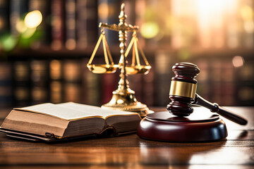 A law book and a gavel on a table - obrazy, fototapety, plakaty