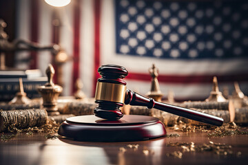A judge's gavel on a table in front of an American flag - obrazy, fototapety, plakaty