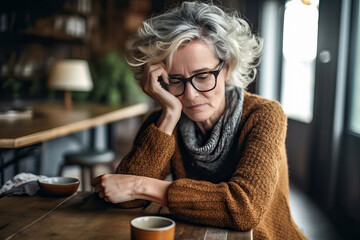 A melancholic older woman sitting alone at a table with a cup of coffee