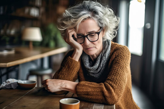 A Melancholic Older Woman Sitting Alone At A Table With A Cup Of Coffee