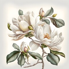 white magnolias in a botanical style floating white background hyper detailed delicate transparent 