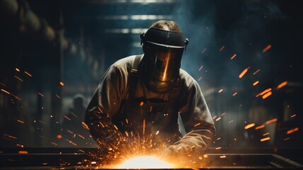 Portrait of a steel welder at factory. - obrazy, fototapety, plakaty