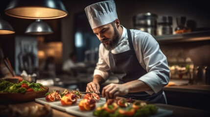 Chef preparing a delicious meal in a professional kitchen. - obrazy, fototapety, plakaty