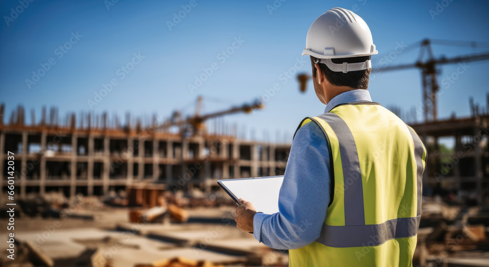 Aufkleber senior architect using technology at construction site.