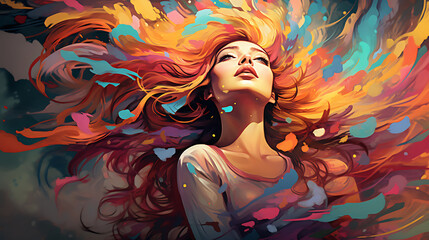 An illustration of a woman flying in the air, colorful hair