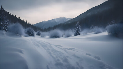 Winter landscape in the Carpathian Mountains. Ukraine. Long exposure