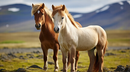 Obraz premium shaggy stocky Icelandic horses stand against a background of grassy hills and plains, animals, mane, pony, breed, north, Iceland, landscape, gait, wildlife, equine, bangs, sky, river
