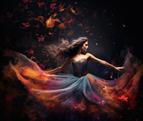 ballerina, a young woman in a long gown is dancing on a dark background, in the style of cosmic imagery, flowing textures, mixes realistic and fantastical elements.