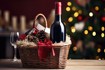 Christmas basket with bottle of wine