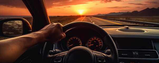 Obraz premium Hands of car driver on steering wheel