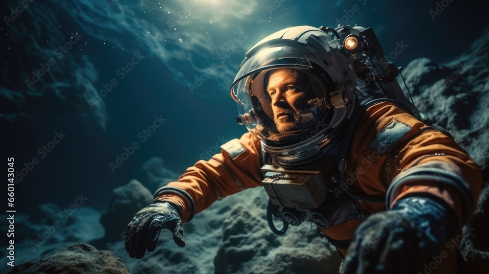 Poster astronaut conducting scientific experiments in microgravity.