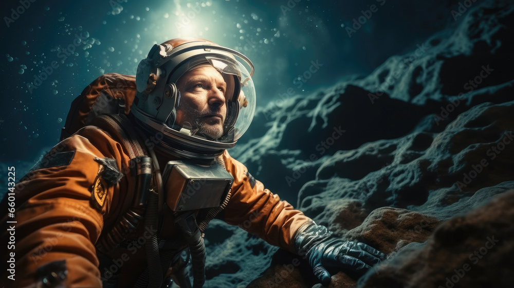 Poster Astronaut conducting scientific experiments in microgravity.