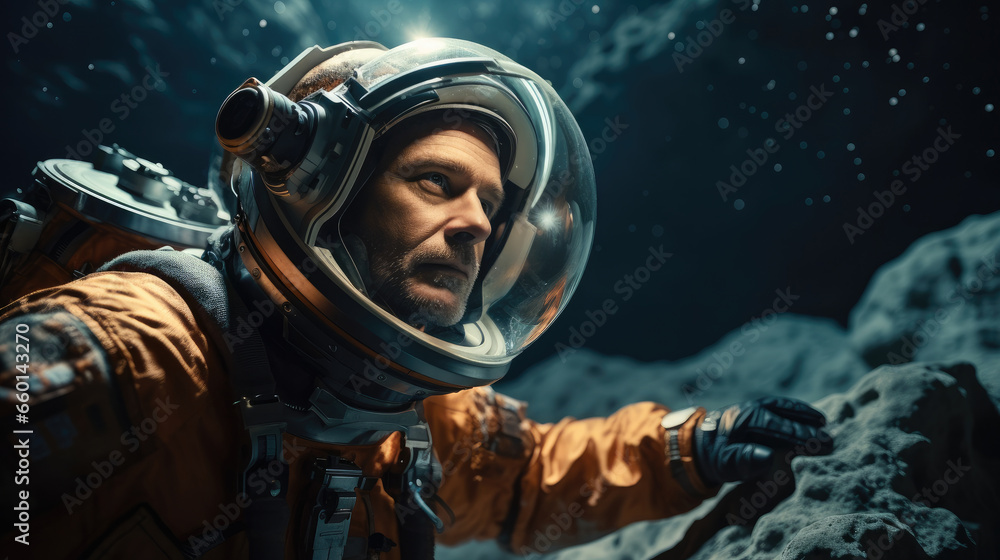 Poster astronaut conducting scientific experiments in microgravity.