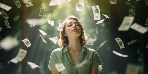 Mindful Prosperity: A Young Womans Meditation Journey with Money Soaring Overhead