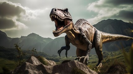 Dinosaurs model on rock mountain background