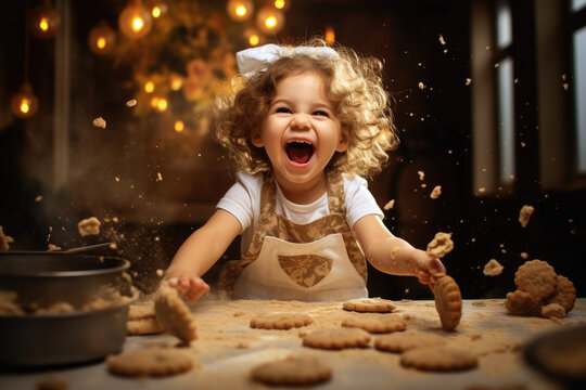 Naklejki Happy and funny kid bakes cookies in kitchen