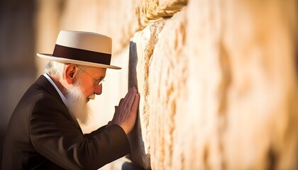 A jewish man with a hat, praying at the western wall in Jerusalem