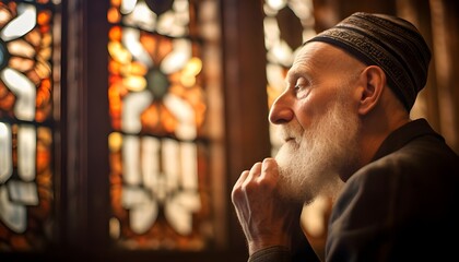 Elderly jewish man, bearded and wearing a hat, praying in a synagogue - obrazy, fototapety, plakaty