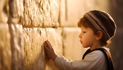 3-year-old jewish child praying at the western wall in the holy city of Jerusalem - obrazy, fototapety, plakaty