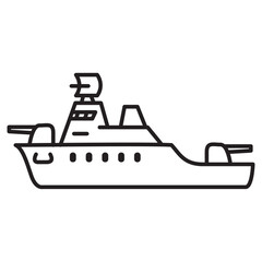 Military sea ship icon.Military boat.Navy battle ships.Outline vector illustration.Isolated on white background.Destroyer with helicopter.