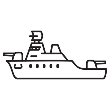 recommend clip art: Military sea ship icon.Military boat.Navy battle ships.Outline vector illustration.Isolated on white background.Destroyer with helicopter.