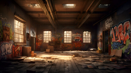abandoned factory interior - obrazy, fototapety, plakaty
