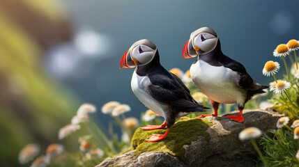 black and white puffin birds sit on green rocky shore against the backdrop of the sea in Iceland, north, ocean, island, landscape, fauna, flowers, red beaks and paws, grass, sky, mountains, coastline - obrazy, fototapety, plakaty